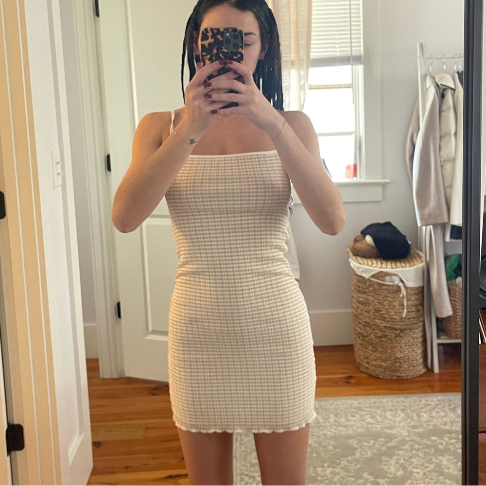 Gingham Aritzia mini dress beige and white Wilfred jazz dress